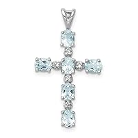 925 Sterling Silver Polished Fancy cut out back Rhodium Plated Diamond and Aquamarine Religious Faith Cross Pendant Necklace Measures 16mm Wide Jewelry Gifts for Women