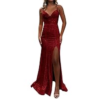 Sequin Prom Dresses 2024 Mermaid Evening Gowns with Slit V Neck Sparkly Homecoming Dresses Long