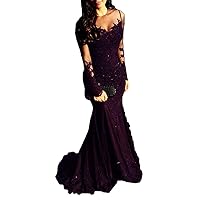 Women's Illusions Long Sleeve Mermaid Prom Dress Tulle Beaded Evening Ball Gown Grape