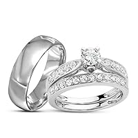 2Ct Round Cut White Diamond In 925 Sterling Silver 14K White Gold Over Diamond Wedding Band Trio Engagement Ring Set for Him & Her