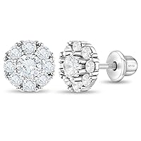 925 Sterling Silver 7mm Cubic Zirconia Flower Screw Back Earrings For Toddlers and Little Girls - Floral Girls Earrings For Formal Occasions - Bright CZ Jewelry for Little Girls