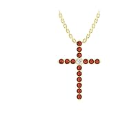 14k Yellow Gold timeless cross pendant set with 15 round red ruby stones (1/4ct, AA Quality) encompassing 1 round white diamond, (.025ct, H-I Color, I1 Clarity), dangling on a 18