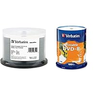 Verbatim DVD+R DL 8.5GB 8X DataLifePlus White Inkjet Printable, Hub Printable - 50pk Spindle - 98319 & DVD-R 4.7GB 16X White Inkjet Printable with Branded Hub, 100-Disc