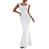 IMEKIS Women Elegant Cap Sleeve Square Neck Bodycon Maxi Dress Fishtail Slim Fit Formal Party Dress Summer Lounge Long Dress