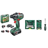 Bosch AdvancedDrill 18 Cordless Screwdriver Set (with Battery, 18 Volt System, 3 Attachments, in Case) + 25 + 15 + 1 Mini X-Line Set Plus Handle (for Metal, Wood, Stone, Drill Accessories)
