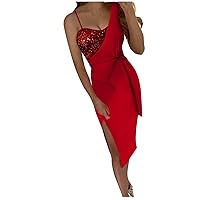 Women Sexy Sequin Splicing Dress Sleeveless Split Bodycon Midi Dress Party Cocktail Night Out Clubwear with Belt