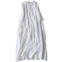 Women Cotton Linen Pleated Front Short Sleeve A-Line Dress Summer V Neck Fashion Casual Loose Flowy Pockets Dress