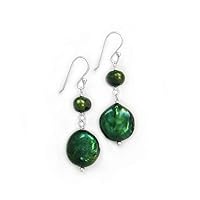 Sterling Silver Cultured Pearl Link Coin Pearl Drop Earrings, Green