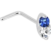 Body Candy Solid 14k White Gold 1.5mm Genuine Blue Sapphire Diamond Marquise L Shaped Nose Stud Ring 20 Gauge 1/4