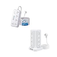 25ft Flat Extension Cord + 5ft Power Strip Tower Surge Protector, 3 Side 10 Widely AC Outlets with 4 USB Ports (2 USB C) + 16 AC Outlets with 4 USB Ports, Multiple Outlets for Home Office