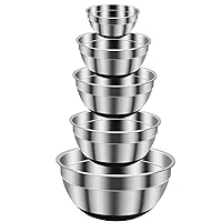 REGILLER Stainless Steel Mixing Bowls (Set of 5), Non Slip Black Silicone Bottom Nesting Storage Bowls, Polished Mirror Finish For Healthy Meal Mixing and Prepping 1.5-2 - 2.5-3.5 - 7QT (Black)