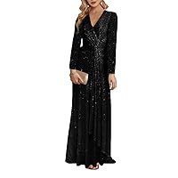Women's Long Sleeve Prom Dresses Sequin V Neck Sparkly Formal Evening Gowns