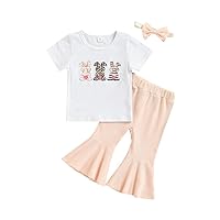 Toddler Baby Girl Easter Clothes Set Bunny Fly Sleeve T-shirt Tops+Colorful Flare Pants+Headband 3pcs Summer Outfit