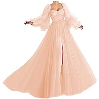 Women's Puffy Sleeve Prom Dress Ball Gown Tulle Sweetheart Wedding Formal Evening Dresses with Split