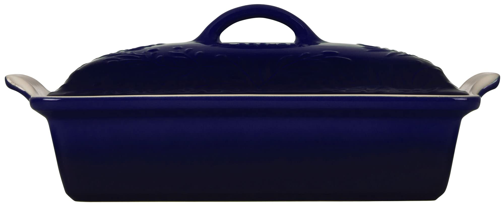Le Creuset Olive Branch Collection Stoneware Heritage Covered Rectangular Casserole, 4 qt., Indigo with Embossed Lid