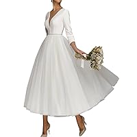 A-Line Vintage Wedding Dresses V Neck 3/4 Length Sleeve Tea Length Satin Tulle Bridal Gowns with Solid Color 2024