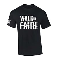 Mens Christian Shirt Distressed Walk by Faith Not by Sight Scripture American Flag Sleeve T-Shirt Graphic Tee