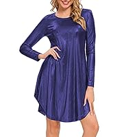 Plus Size Metallic O-Neck Party Dress Women Irregular Loose Dress (Navy Blue,XL)