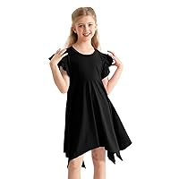 Girls Casual Dresses Summer Crew Neck Double Layer Ruffle Sleeve Cute High Low Swing Knee Wear for 4-13 Years