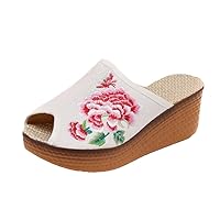 Open Mouth Canvas Wedge Slippers For Women Peep Toe Floral Embroidery Slides Platform Slippers Casual Summer Shoe