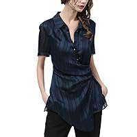 Long Women Chiffon Top Irregular Shirt Dark Blue Striped Long Sleeve Turn-Down Collar Shirt Korean Female Blouses