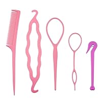 SUPERFINDINGS 5Pcs Pink Tail Hair Tools with Hair Band Remover Cutter French Hair Loop DIY Styling Tool Kit with Comb Hair Braiding Tool for Toddlers Girls Women Thick Hair Accessories