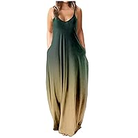 SMIDOW Womens Summer Gradient Plus Size Maxi Dress 2023 Casual Beach Long Sundress Sexy Spaghetti Strap Pocketed Dress