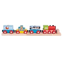Bigjigs Rail Wooden Goods Train Toy - Train with 3 Carriages & Removable Freight, Comes with 2 Wooden Train Track Pieces & a Buffer, Compatible with Most Wooden Train Sets
