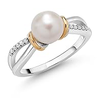 Gem Stone King 925 Sterling Silver and 10K Yellow Gold Cultured Freshwater Pearl and White Lab Grown Diamond Ring for Women (Round 7-7.5MM Pearl, Available in Size 5,6,7,8,9)