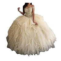Women's Tulle Layered Quinceanera Dresses Off Shoulder Crystal Girls Pageant Dress