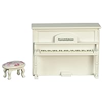 Dollhouse White Upright Piano & Floral Bench Miniature Music Room Furniture