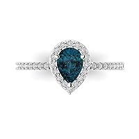 Clara Pucci 1.19ct Pear Cut Solitaire with accent Natural London Blue Topaz gemstone designer Modern Statement Ring Real 14k White Gold