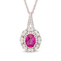 8.0 x 6.0mm Oval Cut Red Ruby & White CZ Diamond Double Halo Pendant Necklace 18