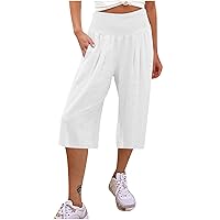 ZunFeo Women's Summer Capri Pants High Waisted Linen/Cargo Pants Stretch Lightweight Lounge Wear with Pocket Cropped Trousers