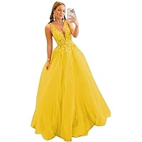 Tulle Prom Dress Long Deep V-Neck Lace Beaded Ball Gowns Sleeveless Party Formal Evening Party Dresses