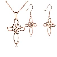 YFN Celtic Knot Cross Necklace Earrings Jewelry Set 18k Rose Gold Plated Sterling Silver Irish Jewelry for Women Girls