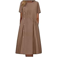 Womens Summer Dresses Short Sleeve Casual Tshirt Dress Button Trim Front Pleated Flowy Long Dress Plus Size Trendy Dress