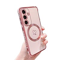 Hosgor Compatible with Samsung Galaxy S24 Plus Case for Women, Luxury Love Heart Pattern Plating Cover, Compatible with MagSafe Soft TPU Shockproof Compatible with Samsung S24+ Case 5G (Pink)