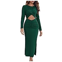 Long Sleeve Cocktail Party Dress for Women,Sexy V Neck Cut Out Bodycon Slit Midi Dress Elegant Formal Smocked Dress