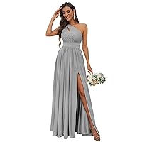 One Shoulder Bridesmaid Dresses for Women Chiffon Long Pleated Formal Evening Party Dress with Side Slit RO02