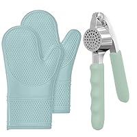 Gorilla Grip Oven Mitt and Garlic Press Peeler, Silicone Oven Mitts Set of 2 Slip Resistant, Garlic Press and Peel Set Heavy Duty Both in Mint, 2 Item Bundle