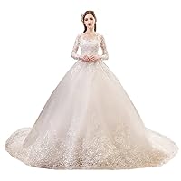 Women's O Neck Full Sleeve Wedding Dress Illusion Simple Lace Embroidery Bridal Gowns Train