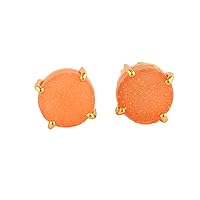 Guntaas Gems Awesome Orange Sugar Druzy Prong Set Brass Gold Plated 10mm Round Stud Earring