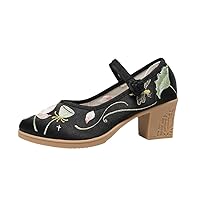 Embroidered Mid Heeled Women Shoes Autumn Pumps with Traditional Button Ladies Round Toe Ankle Strap Party Shoe Black 4.5