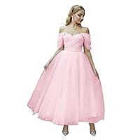 Tulle Tea Length Prom Dresses for Woman Off The Shoulder Beaded Puffy Formal Evening Party Dress