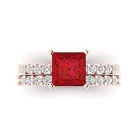 Clara Pucci 2.66ct Princess Cut Solitaire Genuine Simulated Ruby Engagement Anniversary Wedding Ring Band set 18K Rose Gold