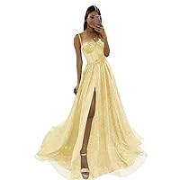 Spaghetti Strap Glitter Tulle Prom Dresses Long Ball Gown for Women 3D Lace Appliques Evening Party Gowns with Slit