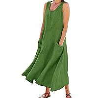 Plus Size Womens Dresses,Womens Solid Color Round Neck Pockets Casual Long Dress Daily Tank Dress Checke Dress