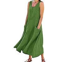 Womens Plus Size Summer Casual Sleeveless Dresses Crewneck Flowy Maxi Dress 2024 Vacation Beach Cover Up Dress with Pockets