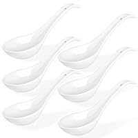 Salad Bowls 65 oz, 8 Inch Serving Bowls, Large Ramen Bowl For Noodle, Pho & 6.75 inch Asian Soup Spoons, Ultra-fine Ceramic Chinese Soup Spoons Set of 6, Bright White Japanese Spoons